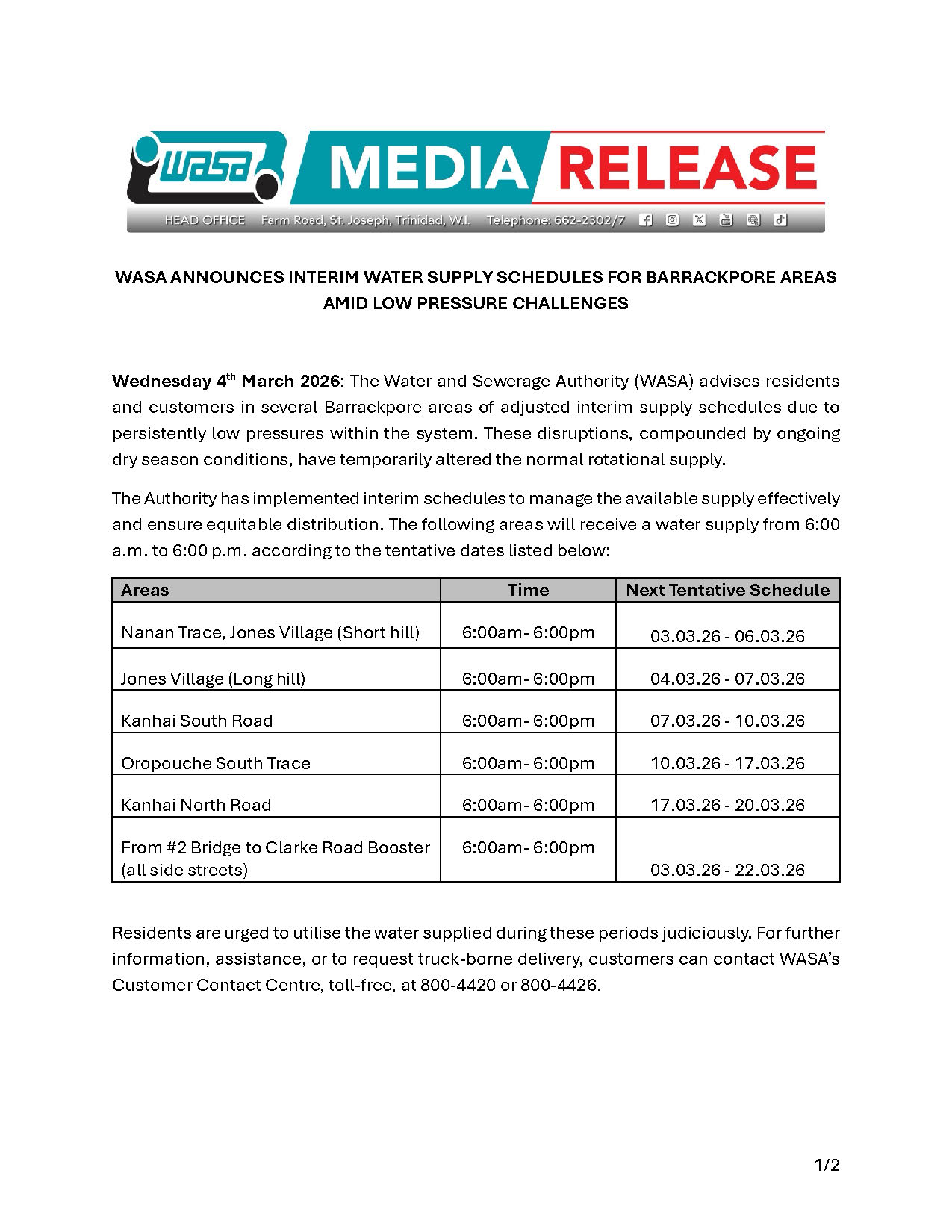 Interim Water Supply Schedules - Barrackpore